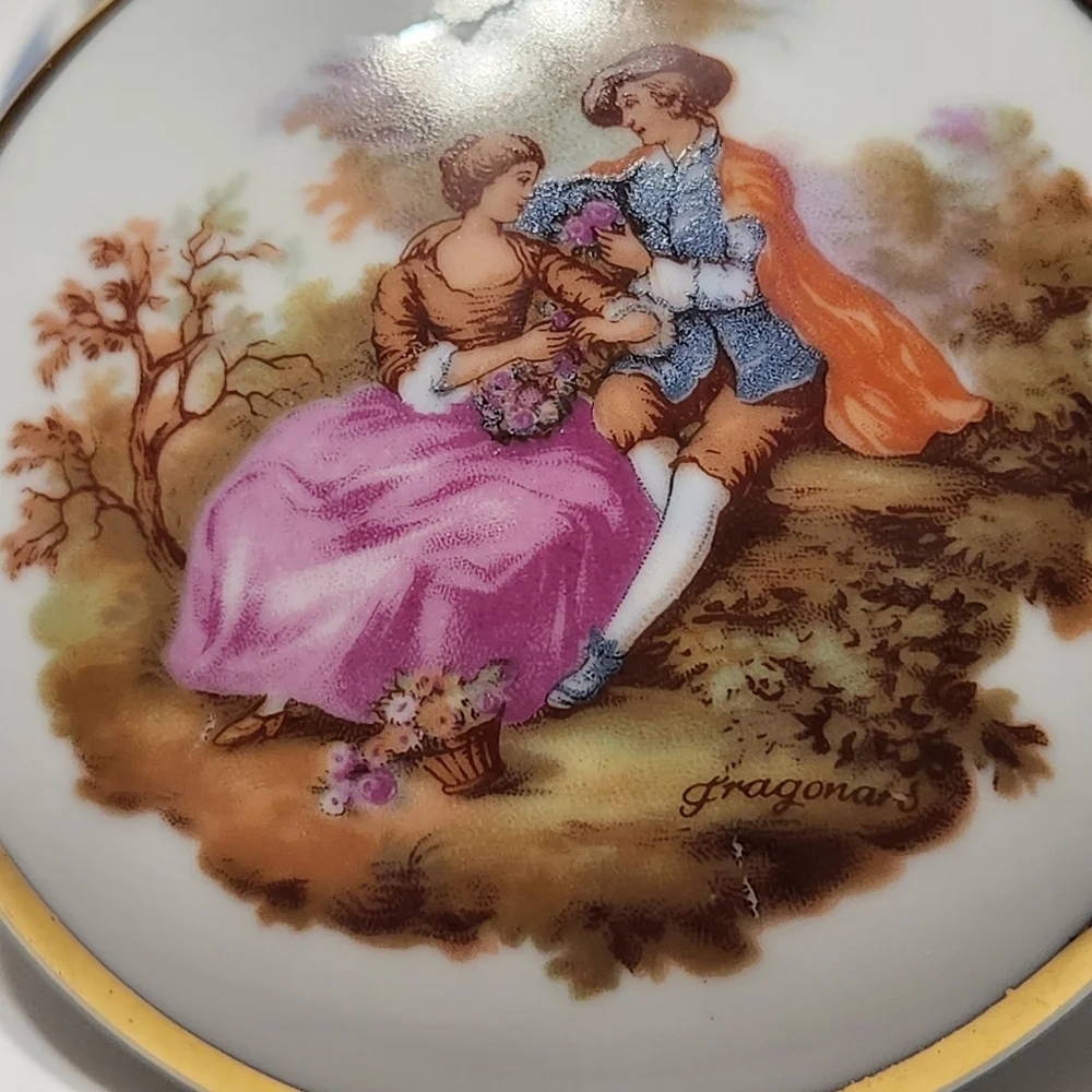 Vtg Limoges Porcelain Trinket Box Victorian Couple France Fragonard Romantic